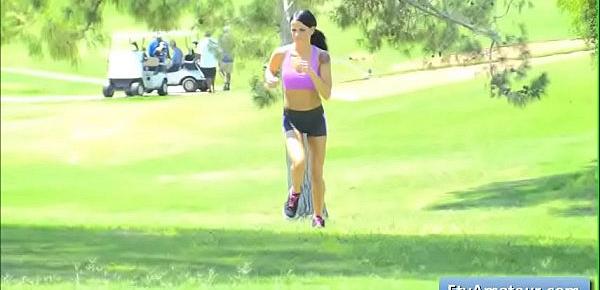  Sexy young cutie brunette amateur Mya gets fully naked and run on the golf course in public